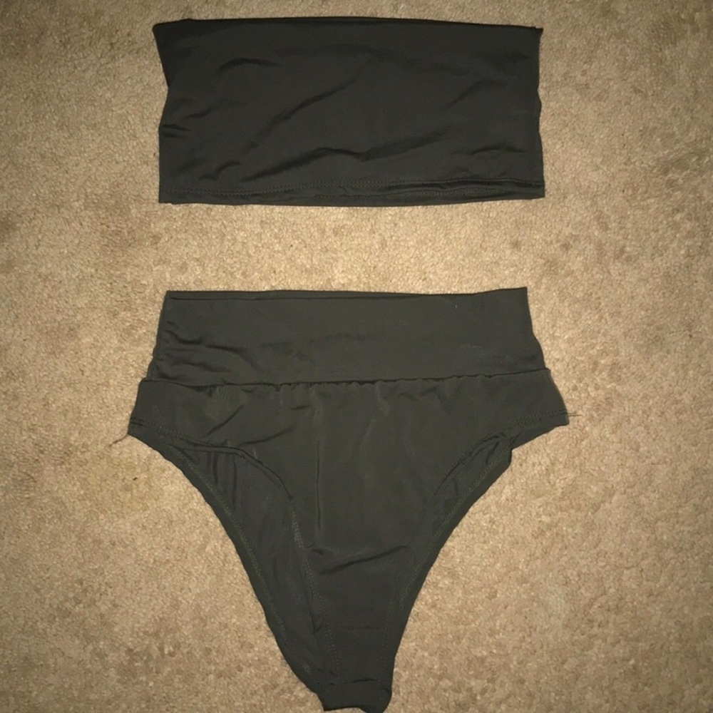 High waisted, very cheeky olive bandeau swim suit!